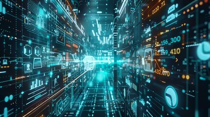 Obraz premium Abstract Digital Tunnel with Glowing Data Visualizations