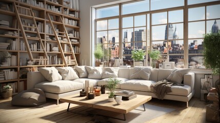 Obraz premium Modern Living Room with City View and Large Bookshelf