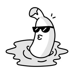 Cool banana enjoying in pool, doodle style mascot 

