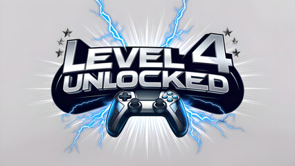 LEVEL 4 UNLOCKED in prominent silver text, Stylized game level graphic with a controller, electric effects, for gaming badges,