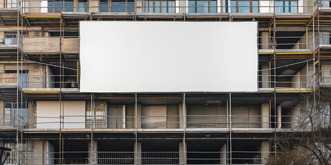 Obraz premium Blank white banner for advertisement on a fence of a building under construction