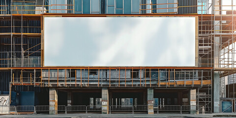 Blank white banner for advertisement on a fence of a building under construction