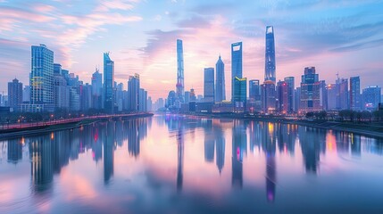 Naklejka premium A megacity skyline transitioning from day to night