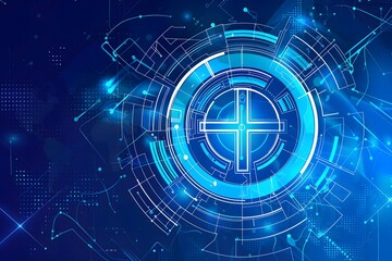 a blue circle with a cross in the center surrounded by lines and dots