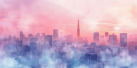 a watercolor illustration of a foggy cityscape of Hangzhou, rendered in pastel colors. 