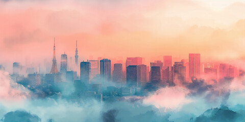 a watercolor illustration of a foggy cityscape of Hangzhou, rendered in pastel colors. 