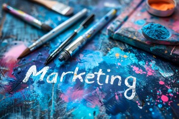 Artistic tools with marketing text symbolizing creativity art and promotion