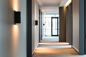 Fototapeta premium Minimalist hallway with warm lighting and a view of a glass door