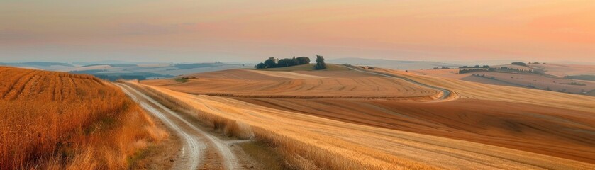 A dirt road winds through rolling wheat fields at sunset, under a vibrant sky with colorful clouds.