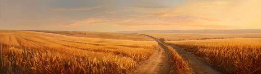 Obraz premium Golden wheat fields with a dirt path under a colorful sunset sky, creating a warm and serene rural landscape.