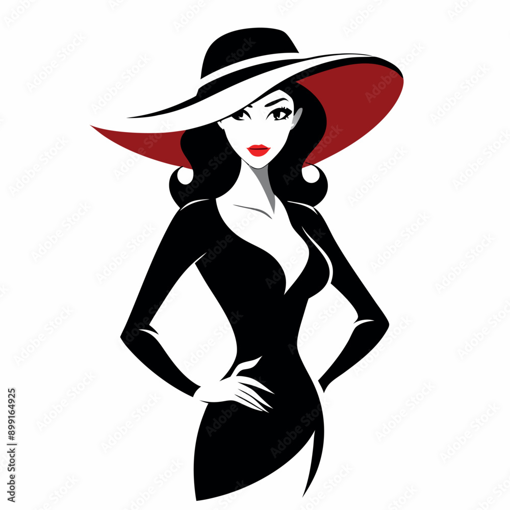 Canvas Prints a beautiful woman stand with wearing a ladies hat vector silhouette, isloated white background