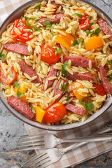 Italian Orzo Risoni with Crispy Salami Bits and vegetables closeup on the bowl on the table. Vertical top view from above