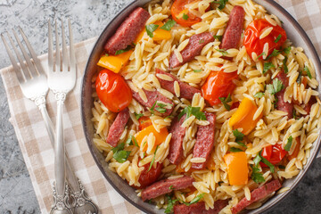 One pot orzo pasta with fried salami sausage, bell pepper, garlic and tomatoes close-up in bowl on table. Horizontal top view from above