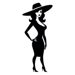 a beautiful woman stand with wearing a ladies hat vector silhouette, isloated white background