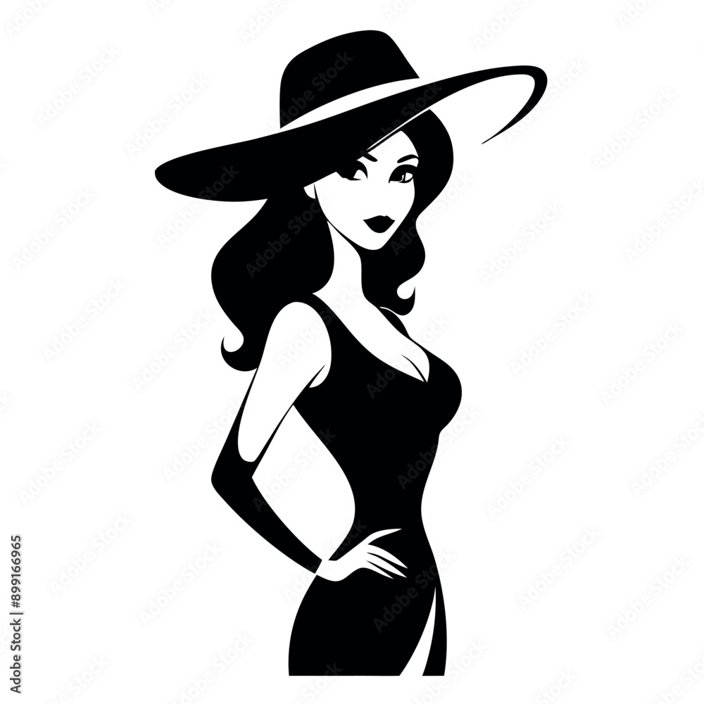 Sticker a beautiful woman stand with wearing a ladies hat vector silhouette, isloated white background