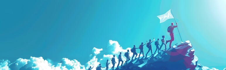 A group of people are hiking up a mountain