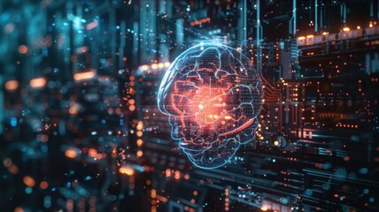 Obraz premium A computer generated image of a brain with a red glowing spot
