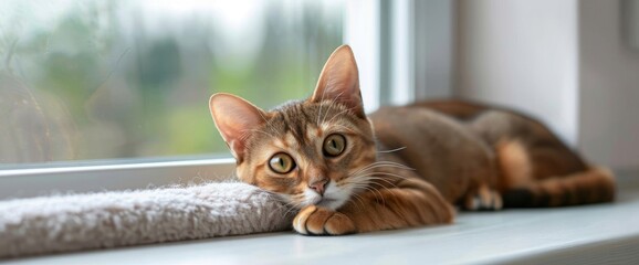 Abyssinian young cat lies on the windowsill. Beautiful purebred short haired kitten