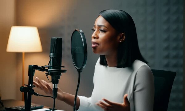 Black Woman Speaking into Microphone in At-Home Studio