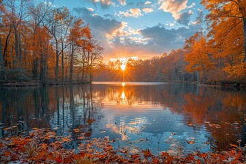A stunning autumn scene featuring a forest and river with leaves scattered