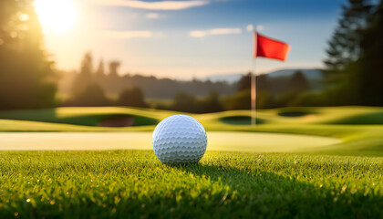 Golden Moment on the Green:  A golf ball sits on the green, inches from the hole, with a red flag and a stunning sunset in the background. A moment of anticipation and potential triumph, captured in a