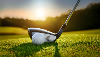 The image can be named Golf Club and Ball on Green with Hole Nearby