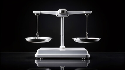 A solitary white balance scale sits isolated on a sleek black background, its minimalist design and precise markings evoking a sense of scientific precision.
