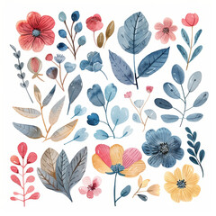 Obraz premium Watercolor Botanical Illustrations of Vibrant Flowers and Leaves in Soft Pastel Colors
