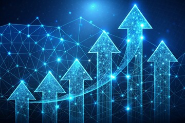Upward growing arrows on a futuristic blue low poly wireframe background with polygonal finance graphs, symbolizing business success, growth, and investment returns.