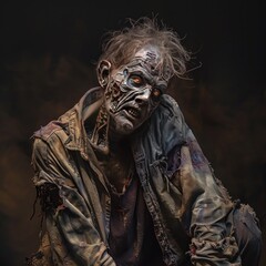 Zombie with tattered clothes and eerie, lifeless eyes, isolated on a dark background. The spooky Halloween character leaves plenty of copy space around for additional elements or text.
