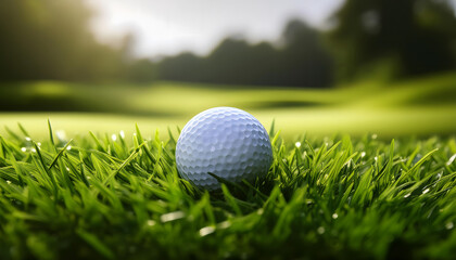 Obraz premium A golf ball sits on a tee and on green grass on a golf course under a clear summer sky