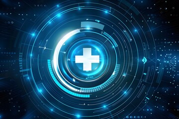 Obraz premium a blue circle with a prominent cross in the center and lines and dots surrounding