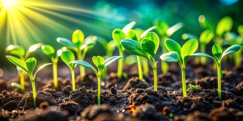 Vibrant green sprouts emerge from nutrient-rich soil, exemplifying efficient water use and carbon dioxide absorption in sustainable agricultural 