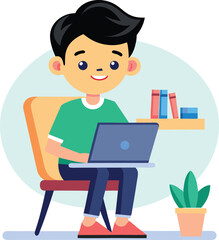 A Boy With Laptop On The Chair Studying Concept Cute Illustration