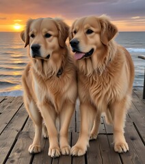 Golden Retriever Sitting on a Grassy Hill with Ocean Waves and Sunset in the Background