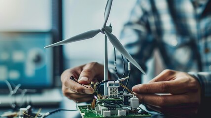 A man is working on a wind turbine