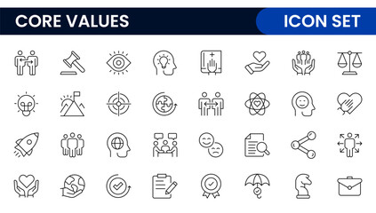 Core Values outline icons set. Core, values, business, leadership, goals, target, client, quality, success, responsibility and quality.
