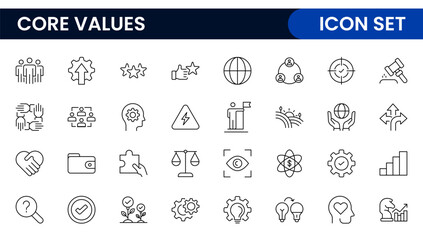 Core Values outline icons set. Core, values, business, leadership, goals, target, client, quality, success, responsibility and quality.