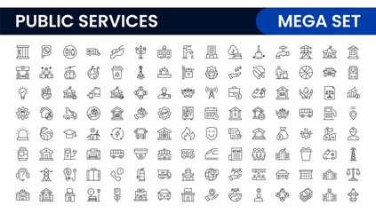 Set of outline Public Services icons. Minimalist thin linear web icon set. Line icons related to public utilities. Gas, electricity, water, heating.
