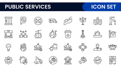 Set of outline Public Services icons. Minimalist thin linear web icon set. Line icons related to public utilities. Gas, electricity, water, heating.