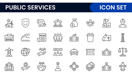 Set of outline Public Services icons. Minimalist thin linear web icon set. Line icons related to public utilities. Gas, electricity, water, heating.