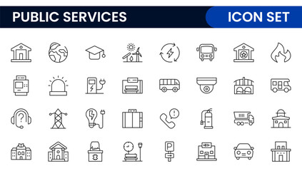 Set of outline Public Services icons. Minimalist thin linear web icon set. Line icons related to public utilities. Gas, electricity, water, heating.