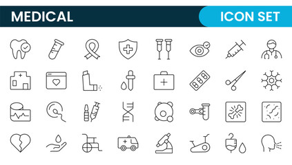 Set of Medical web icons in line style. Medicine and Health Care, RX. Medicine, check up, doctor, dentistry, pharmacy, lab, scientific discovery, collection.