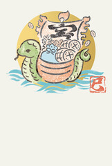 年賀状　2025　はがきテンプレート　へびの宝船　巳年　巳　墨絵　水彩　かわいい　絵手紙