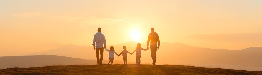 Fototapeta premium Family silhouettes walking hand in hand at sunset, soft golden light illuminating the landscape, evoking warmth, togetherness, and the beauty of shared moments.