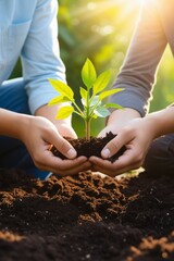 Environment cooperation.unity of business people and community together protecting small sprout with hand.future environmental coservation and sustainable esg modernization development