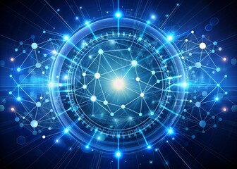 Modern futuristic background with a hand reaching out to a virtual circular diagram displaying a complex network of big data and internet connections.