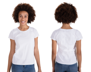 Beautiful African American woman smiles in a stylish black t-shirt