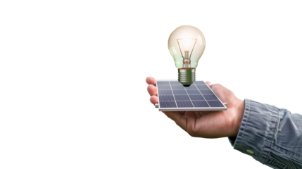 Hand holding eco LED light bulb with solar panel isolated on white background. Concept of green energy