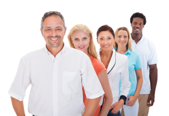 Diverse group of professionals stand in line on white background